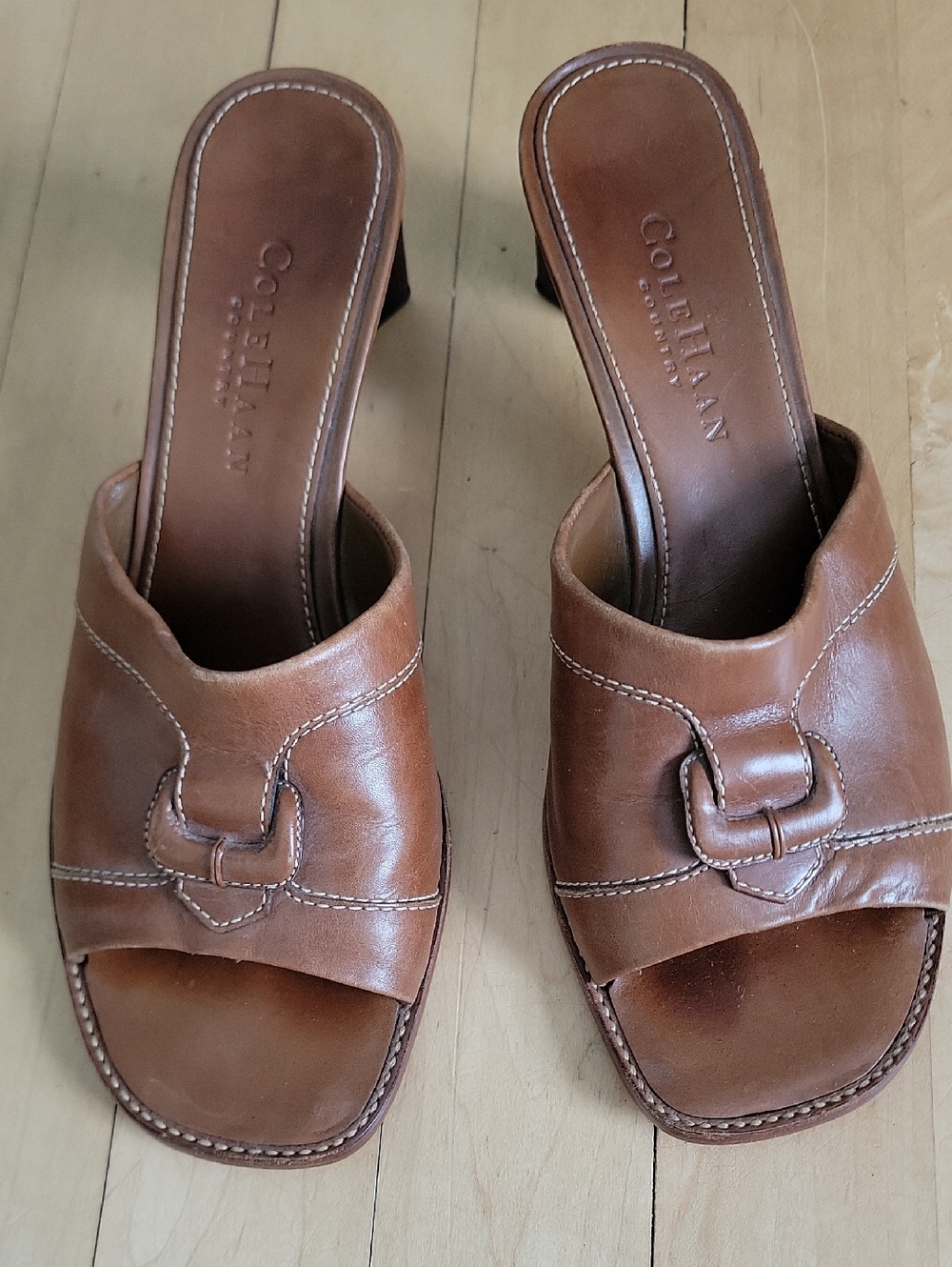 Vintage Cole Haan 90s Y2K CBK Brown Leather Buckle Slide Mules Sculptural Heel